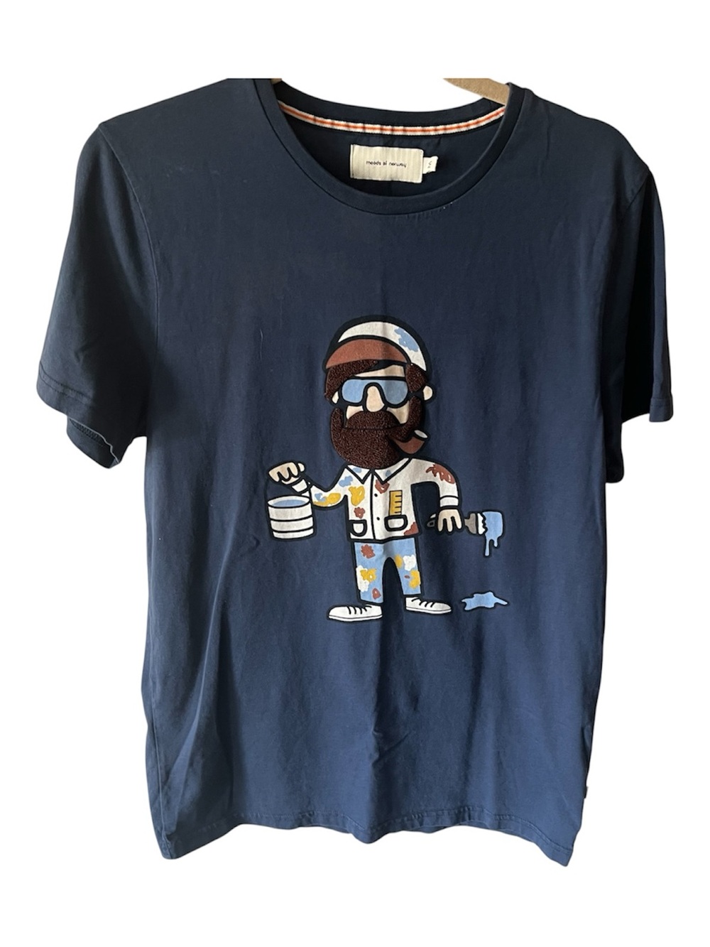 MOODS OF NORWAY Short Sleeve Painter Mens Tee Short Cotton Appliquéd Navy Sz M